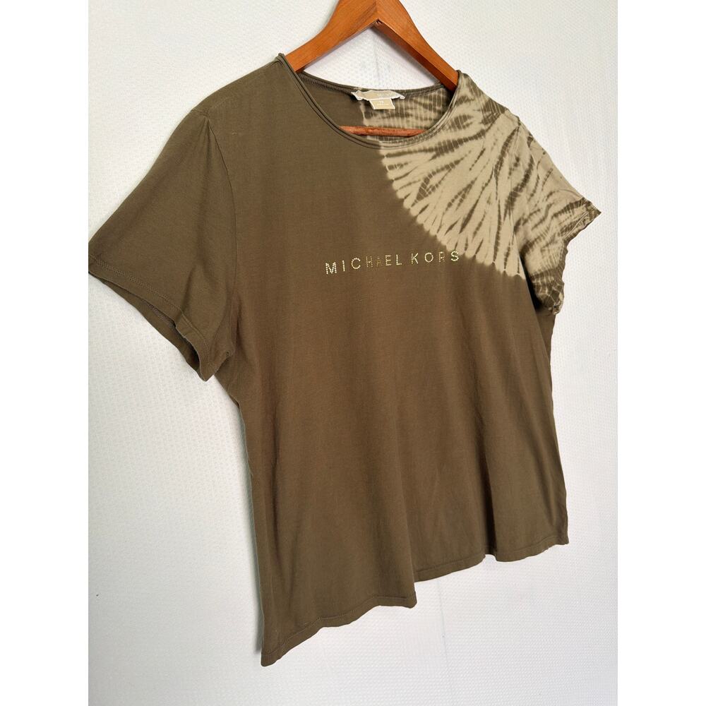 Michael Kors 1X Olive Green Gold Logo Tee Tie Dye Short Sleeve Plus Top - Picture 4 of 10